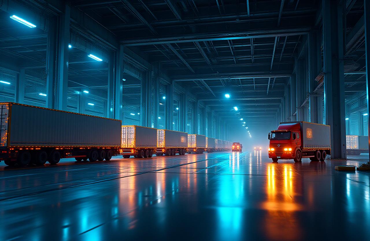 Modern logistics hub with blue neon lighting and automated systems